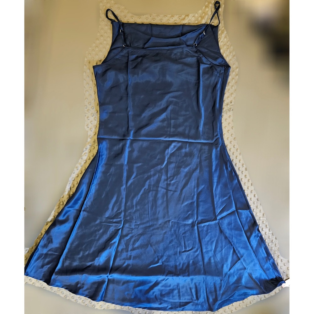 MOUEEY Women Navy Blue Satin Cowl Neck Slip Dress Midi Adjustable Straps XL